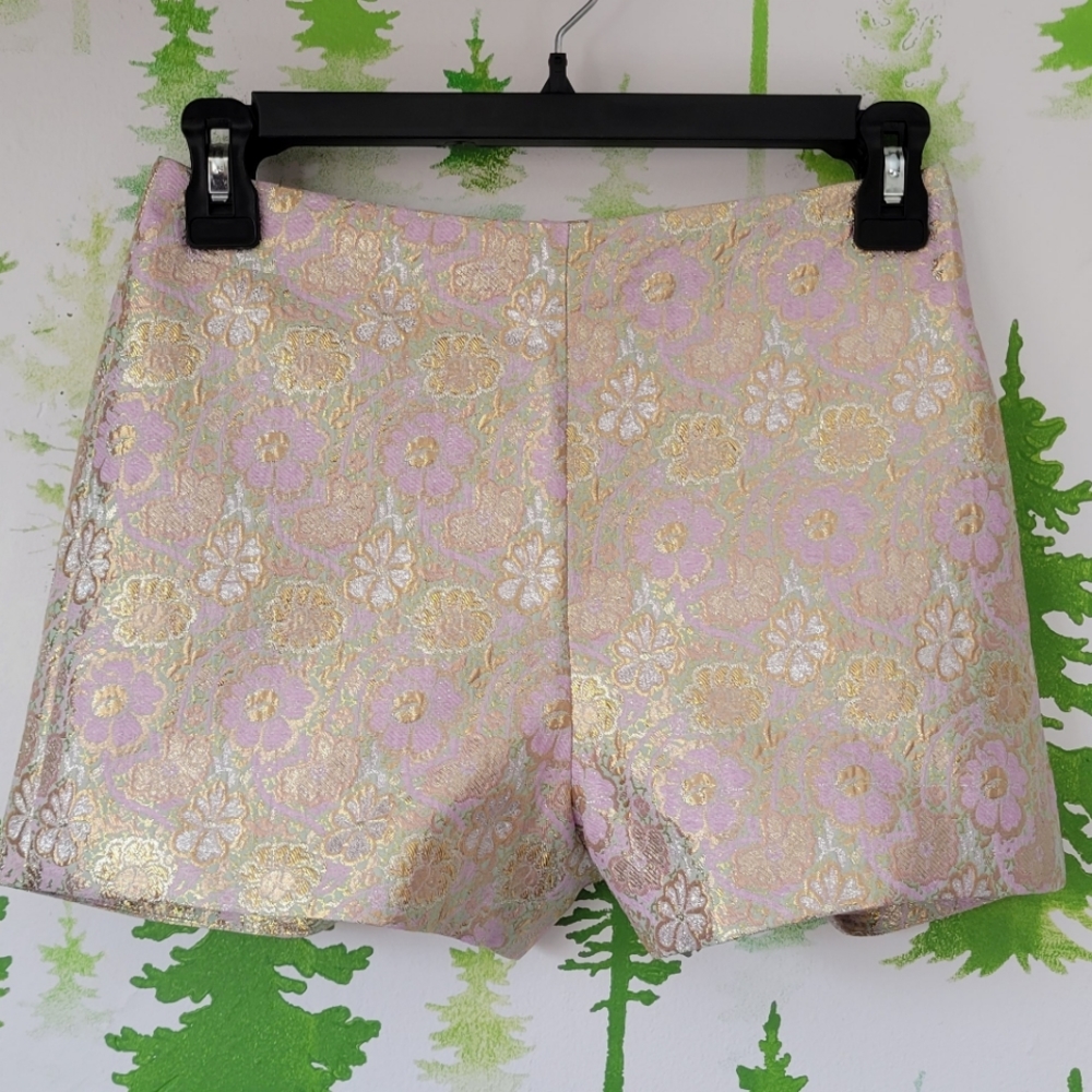 Metallic Floral Brocade Women’s Shorts - Pink Gold